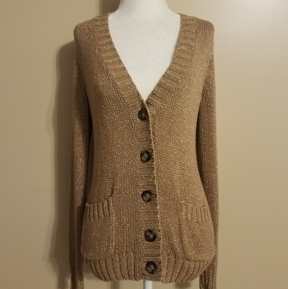 J. Crew caramel and gold dazzle cardigan